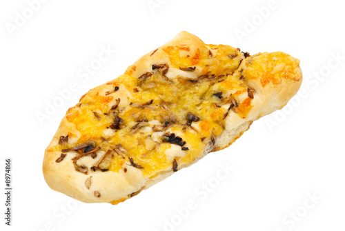 Piece of pizza with meat and vegetables isolated on white.