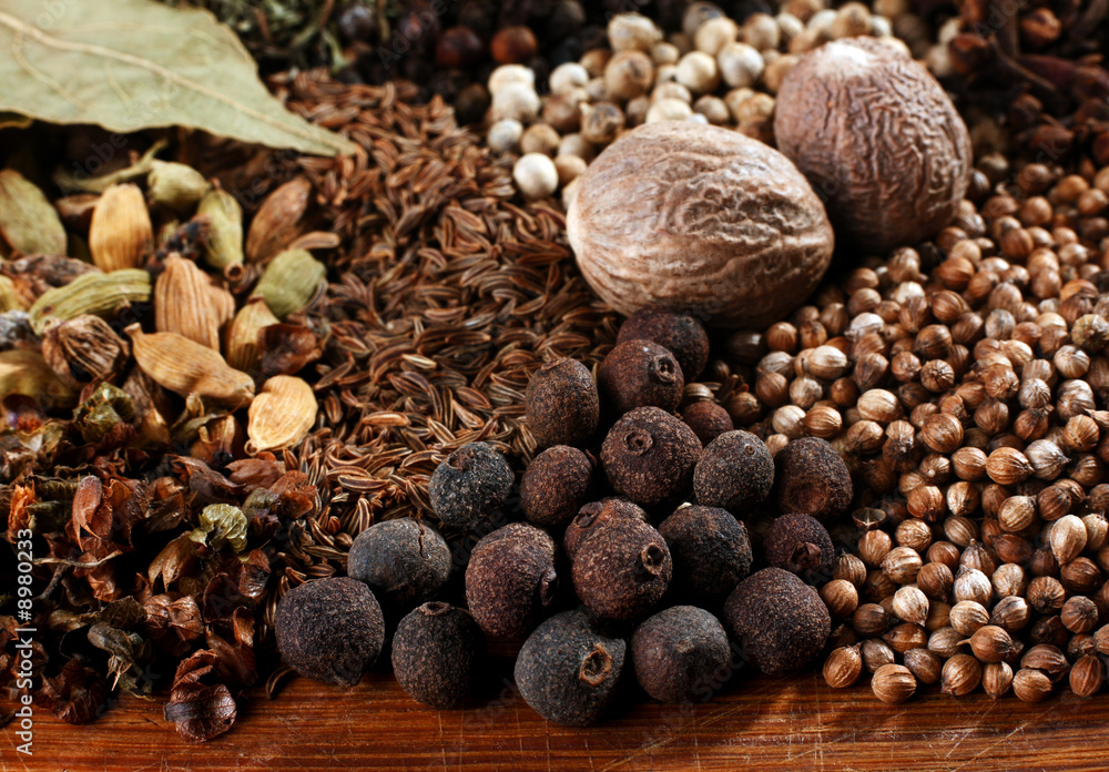 Mix spice background with bay leaf closeup Mix spice background with bay leaf closeup