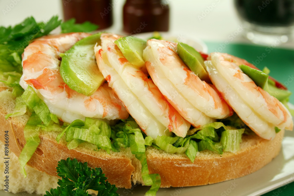 Delightful fresh shrimp and avocado open sandwich