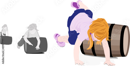 girl playing dutch children's game "rolling barrels"