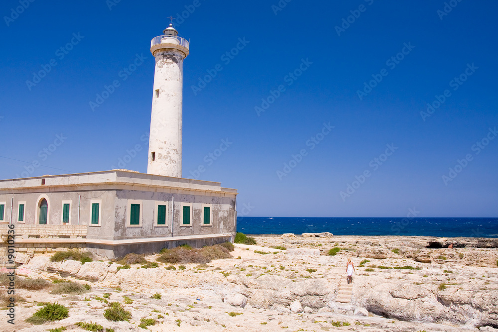 white lighthouse with a blue sky