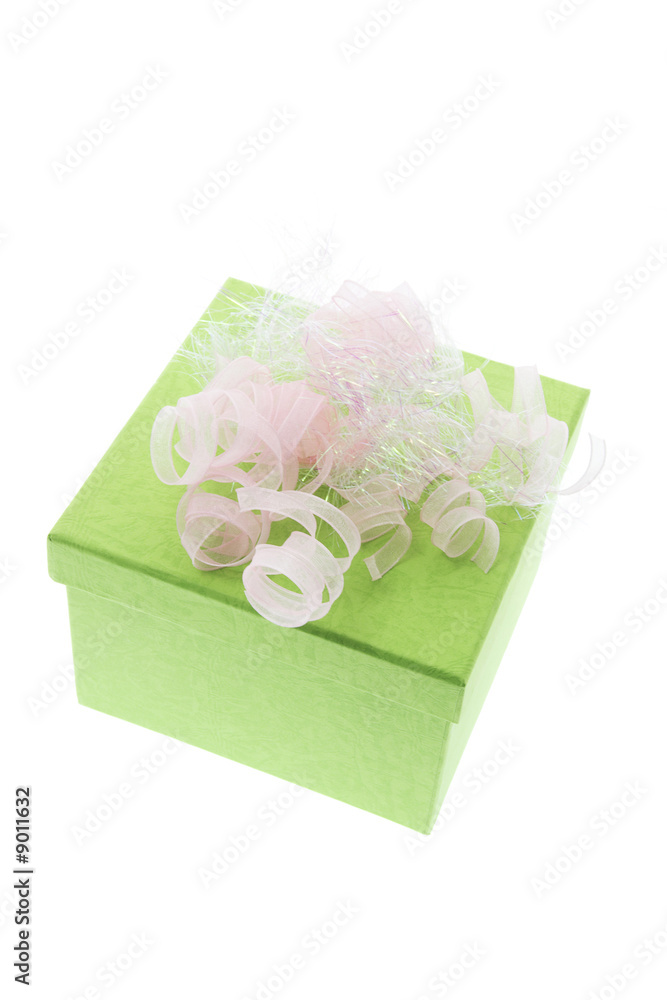 Green Gift Box with Curling Ribbon on White Background Green Gift Box with Curling Ribbon on White Background