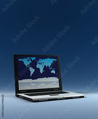 Laptop with world map on screen  high res 3d render