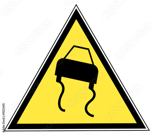 road slippery pictogram on a yellow triangular sign