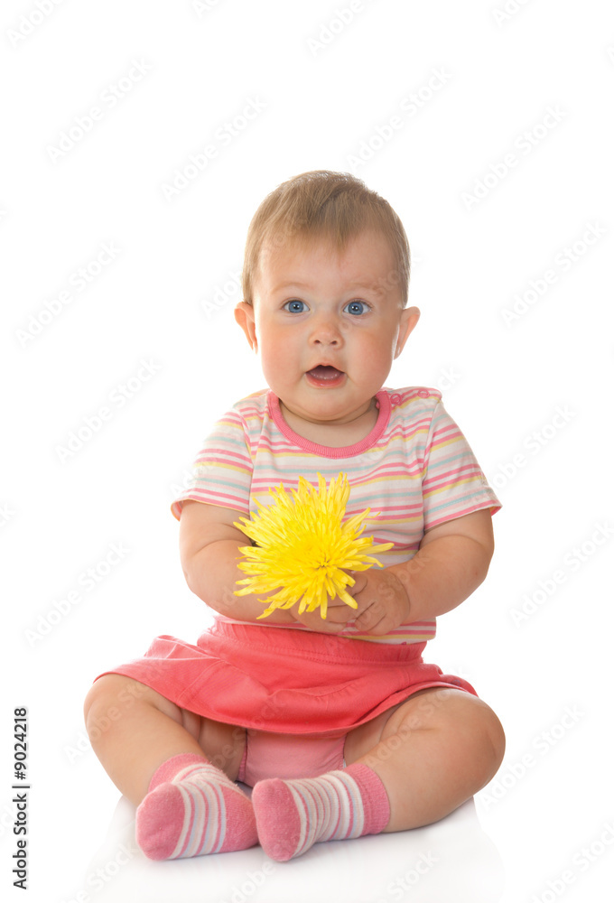 Sitting small baby with yellow flower #4 isolated Sitting small baby with yellow flower #4 isolated