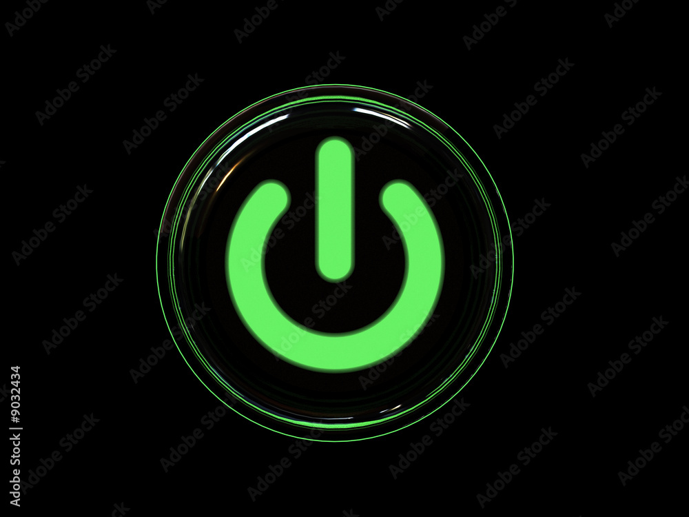 Green power button isolated on black background Green power button isolated on black background