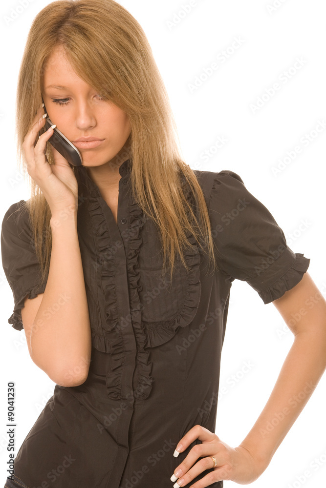 young woman with mobile phone isolated on a white background young woman with mobile phone isolated on a white background