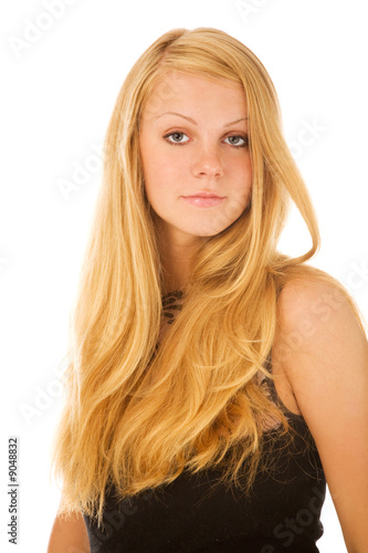 portrait of young blond woman on white background