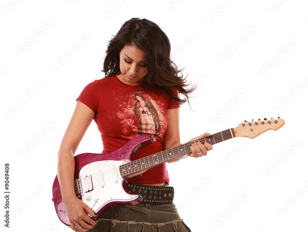 Beautiful sexy woman playing guitar on pure white background Beautiful sexy woman playing guitar on pure white background