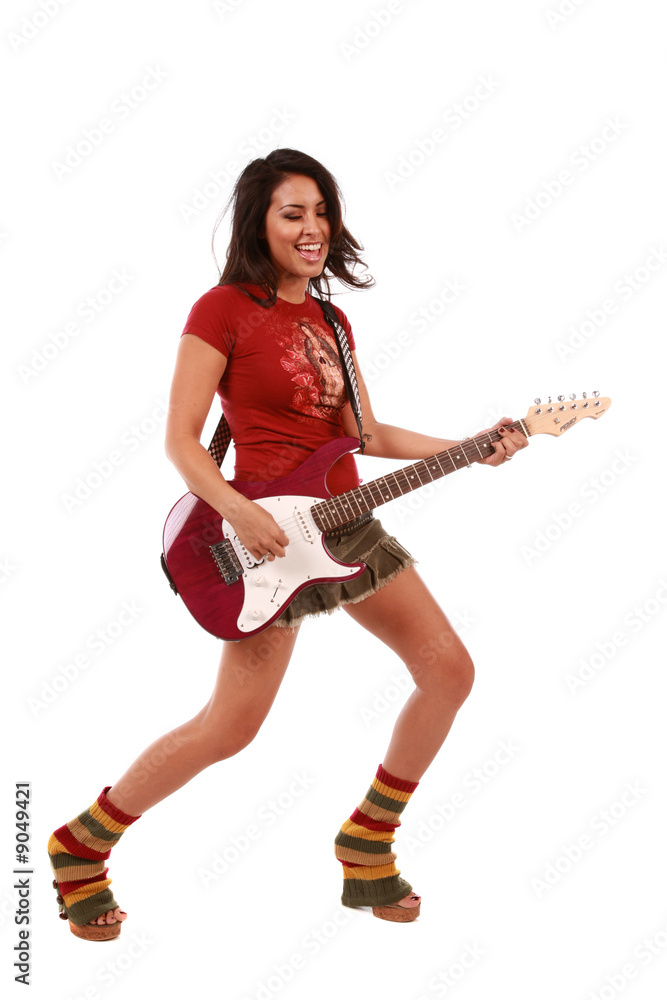 Beautiful sexy woman playing guitar on pure white background Beautiful sexy woman playing guitar on pure white background