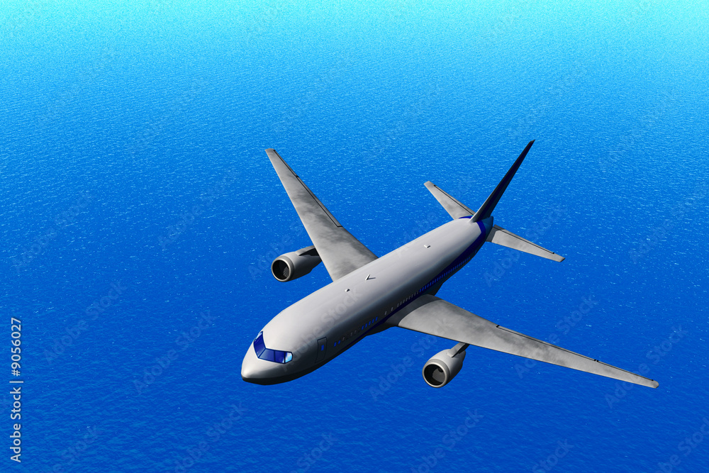 Flying airplane. Ocean background..3D rendered image.