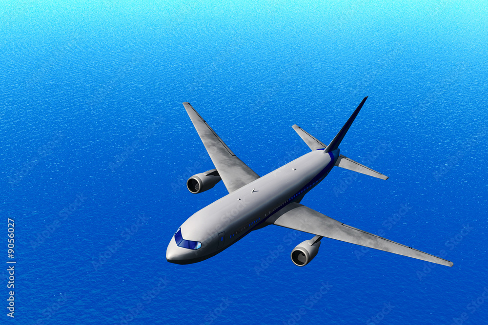 Flying airplane. Ocean background..3D rendered image. Flying airplane. Ocean background..3D rendered image.