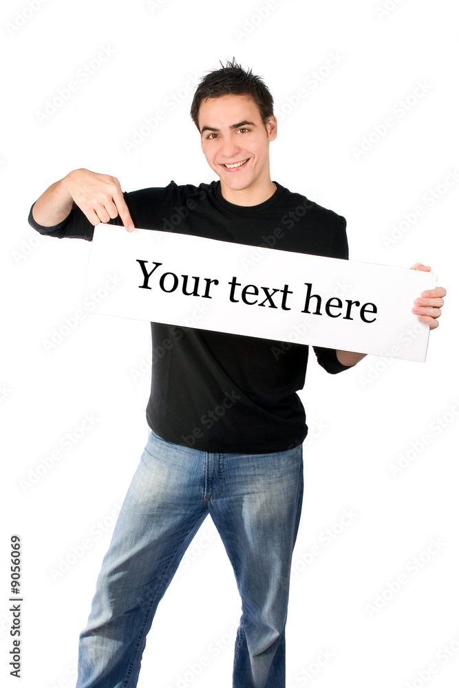 Young adult holding blank panel, isolated on white Young adult holding blank panel, isolated on white