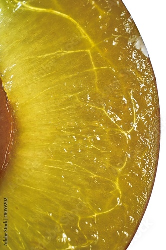 Cut plum juicy pulp isolated macro image on white background