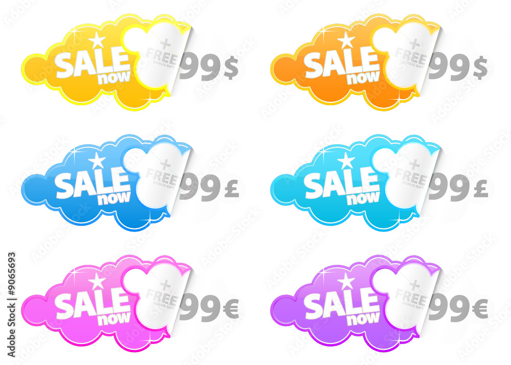 Sale now peeling stickers with currency label