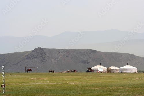 Trois yourtes et un cheval dans la steppe mongole