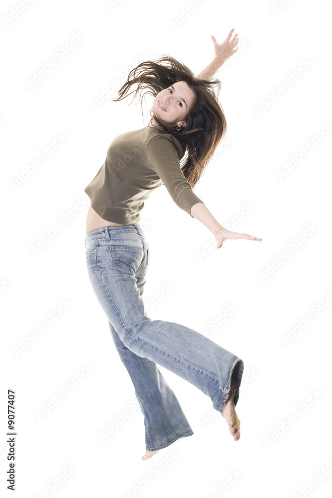 girl jumping over white
