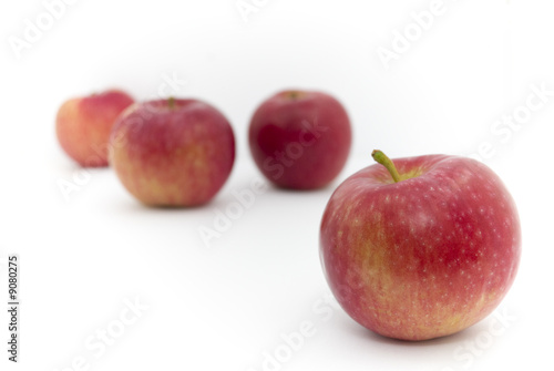 four red and yellow apples on white background