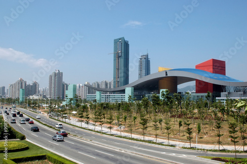 China, Shenzhen - modern city, cityscape with main road