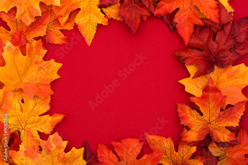 Fall leaves making frame on red background with copy space