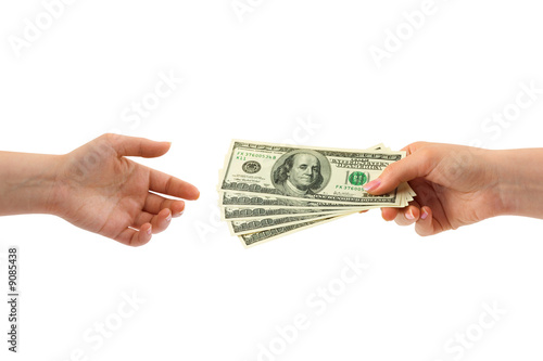 Hands and money isolated on white background