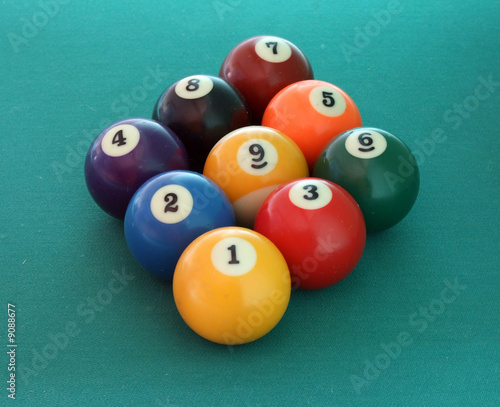 nine billiard balls on the green table