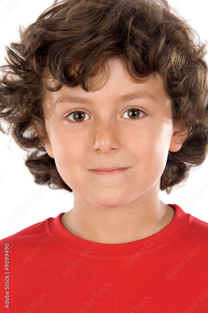 portrait of a handsome boy with red shirt on a white background