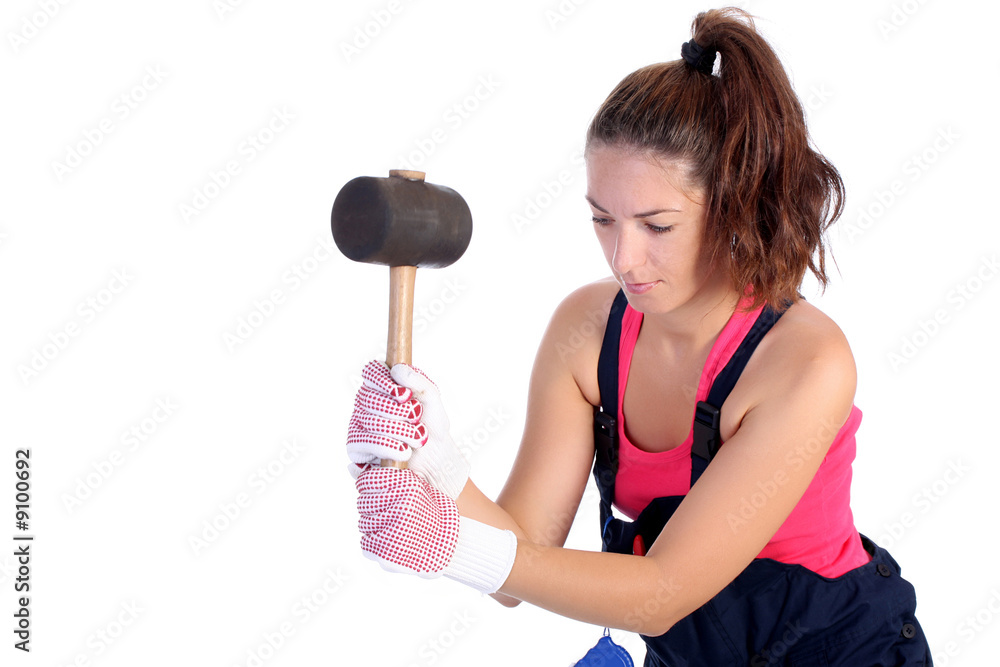 woman with black rubber mallet on white background woman with black rubber mallet on white background