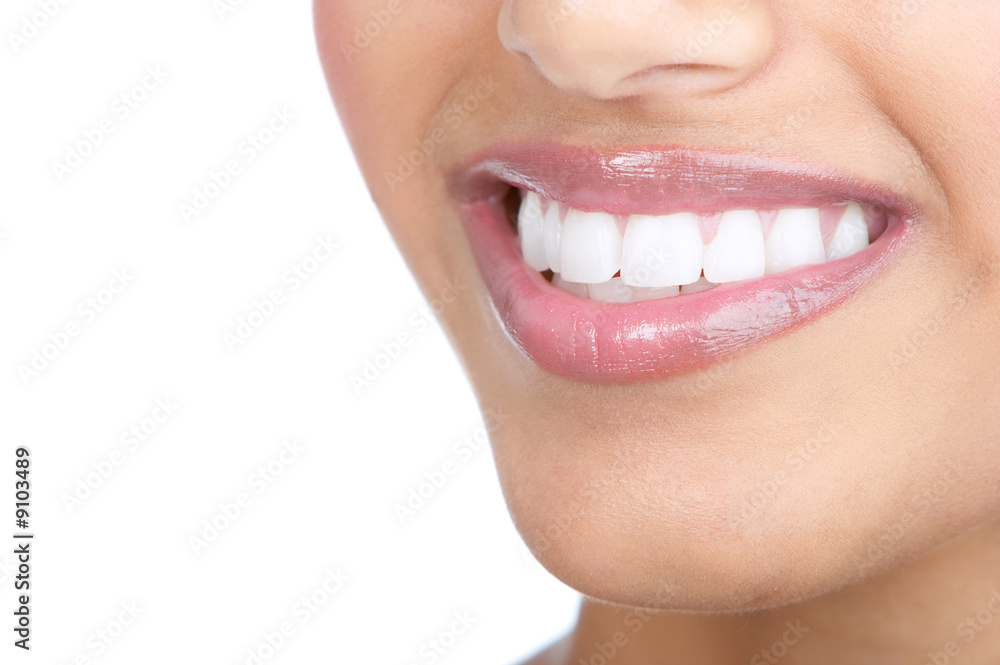 Beautiful young woman teeth. Isolated over  white background.
