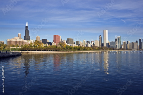 Downtown Chicago panorama reflected in Lake Michigan