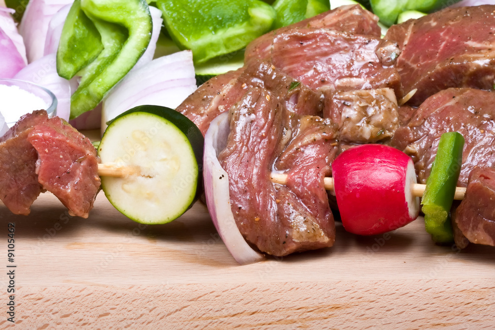 getting ready to make shish kabobs raw meat and vegetables getting ready to make shish kabobs raw meat and vegetables