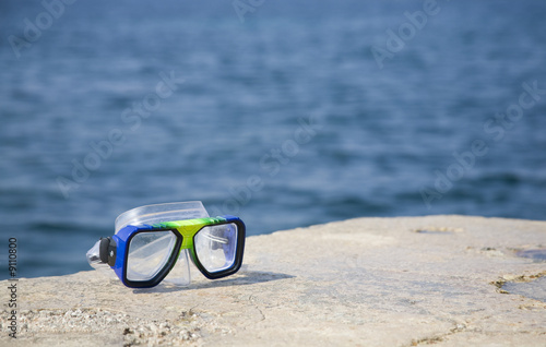A goggles on a ronck close to the sea