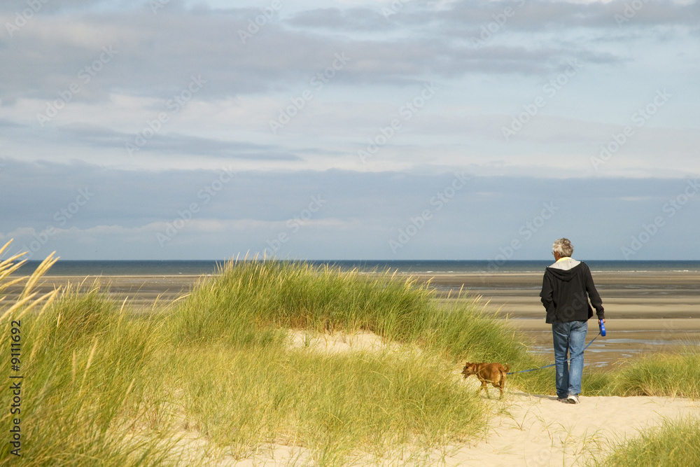 Senior man is walking his dog near the coast