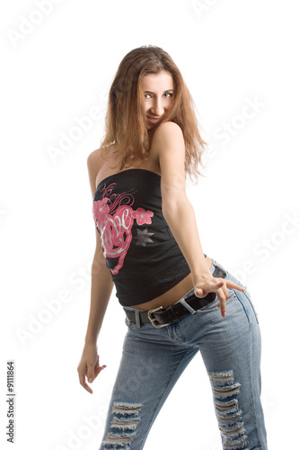 Happy dancing woman. Isolated over white background