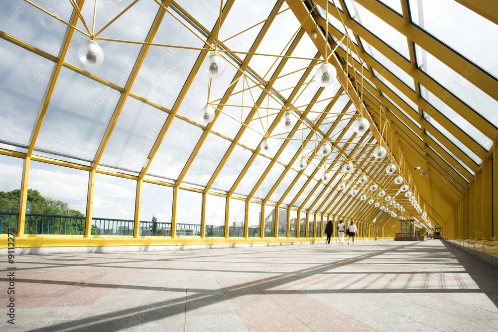 Yellow corridor, spheres and people motion Yellow corridor, spheres and people motion