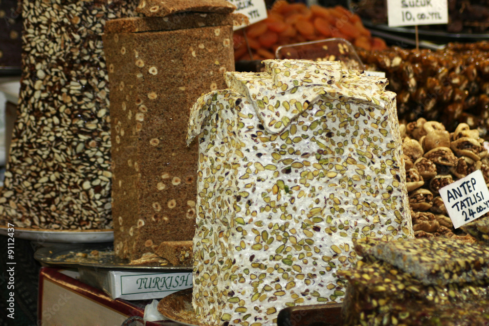 big nougat with almonds, spice bazaar. istambul. turkey big nougat with almonds, spice bazaar. istambul. turkey