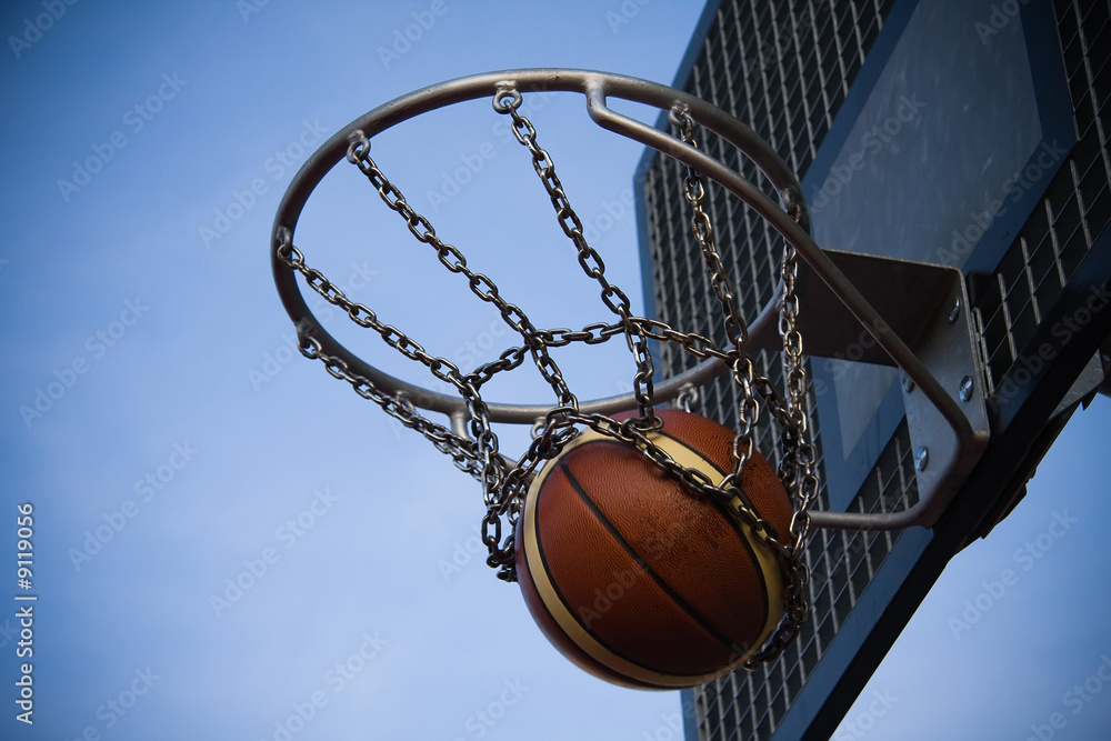 Basketball game outdoor ball right in the basket