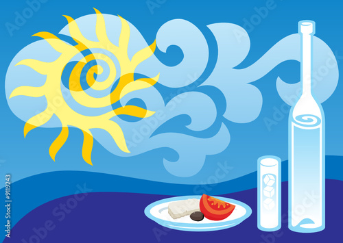 Greek summer background illustration with ouzo bottle and glass