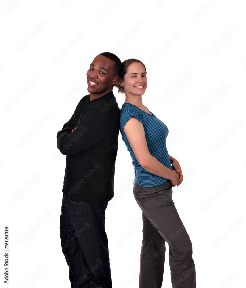 A Multi Racial Couple Smiling on a White Background A Multi Racial Couple Smiling on a White Background