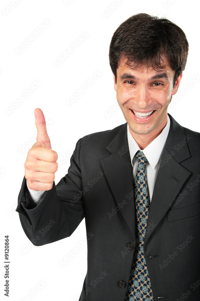 businessman makes gesture by finger