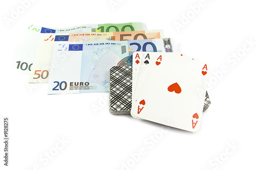 Euro banknotes with cards isolated on white background