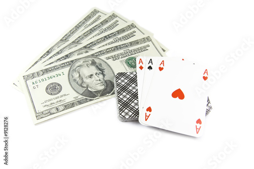 Dollar banknotes with cards isolated on white background