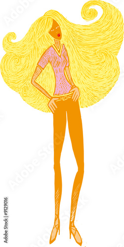 Woman with a great long hair in swirls shape