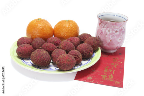 Chinese New Year Fruits and Drink on White Background