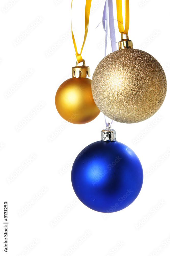 Three colorful christmas balls isolated over white background