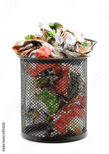 bin full of paper trash studio isolated