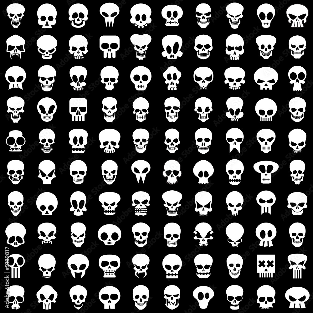 one hundred different skulls on black background one hundred different skulls on black background