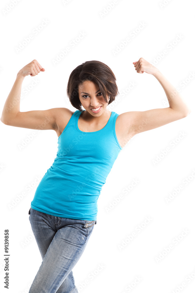 An african american woman flexing her arms showing her muscle An african american woman flexing her arms showing her muscle