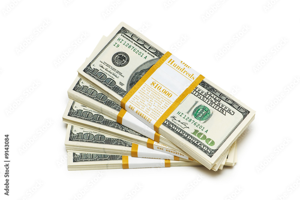 Ten thousand dollar stacks on the white Ten thousand dollar stacks on the white