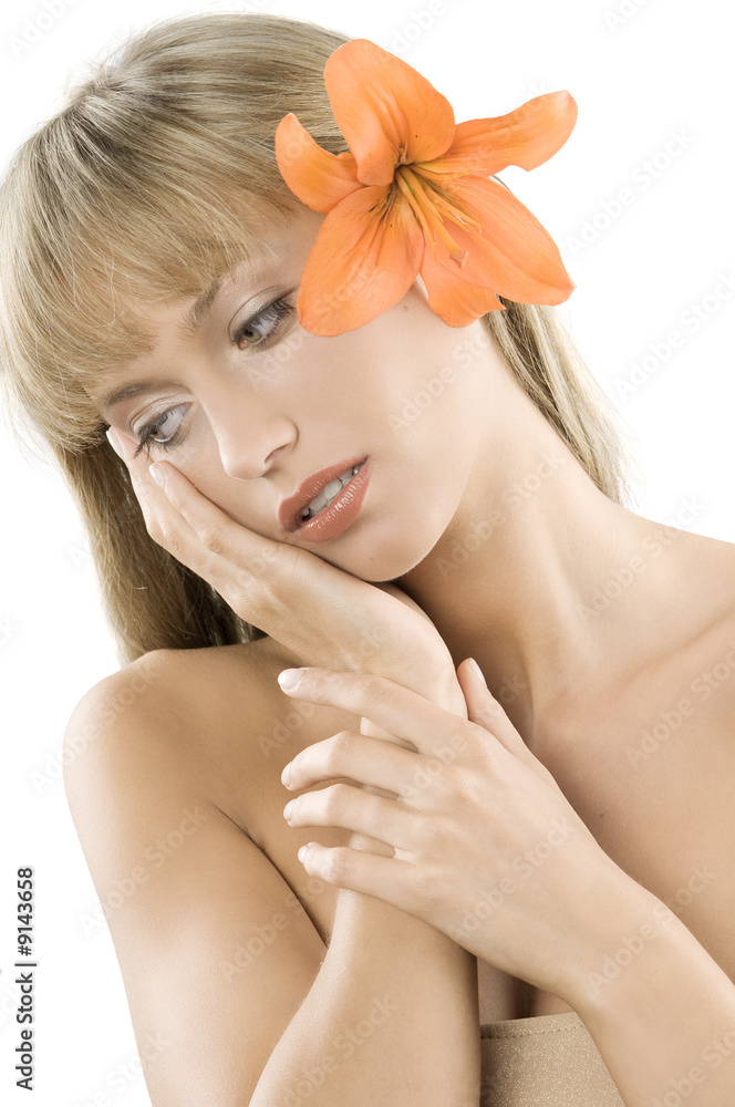 blond girlf and having a orange flower between hair blond girlf and having a orange flower between hair